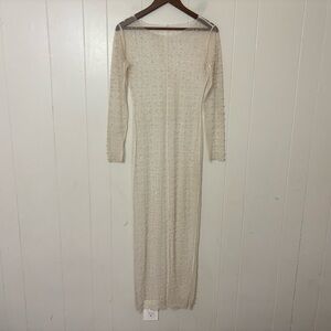 Champagne Pearl Rhinestone Sheer Mesh Maxi Dress Beach Bunny Style Cover-Up